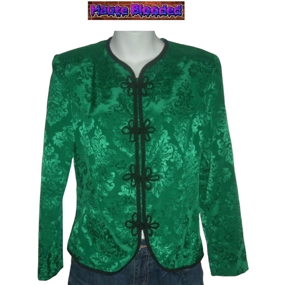 Vintage Leslie Fay Jade Green Shiny Jacket Brocade Print 80's 8 Petite Retro VTG